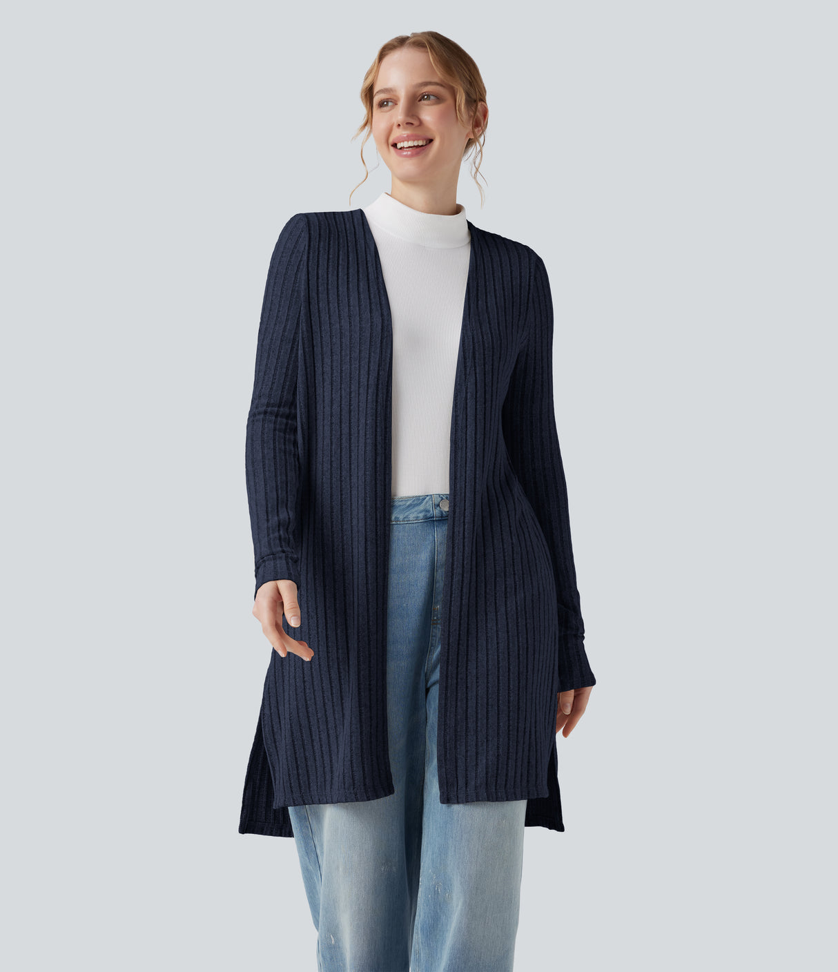 Ribbed Knit Long Sleeve Split Casual Cardigan