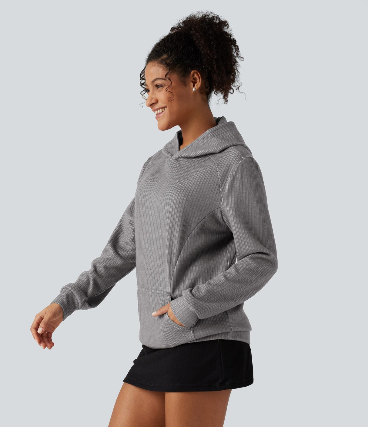 Ribbed Hooded Long Sleeve Casual Sweatshirt with Pocket