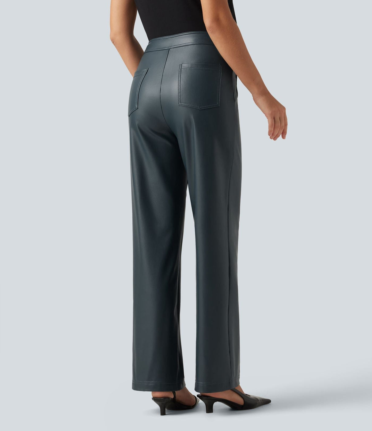 High Waisted PU Fleece Straight Leg Leather Pants