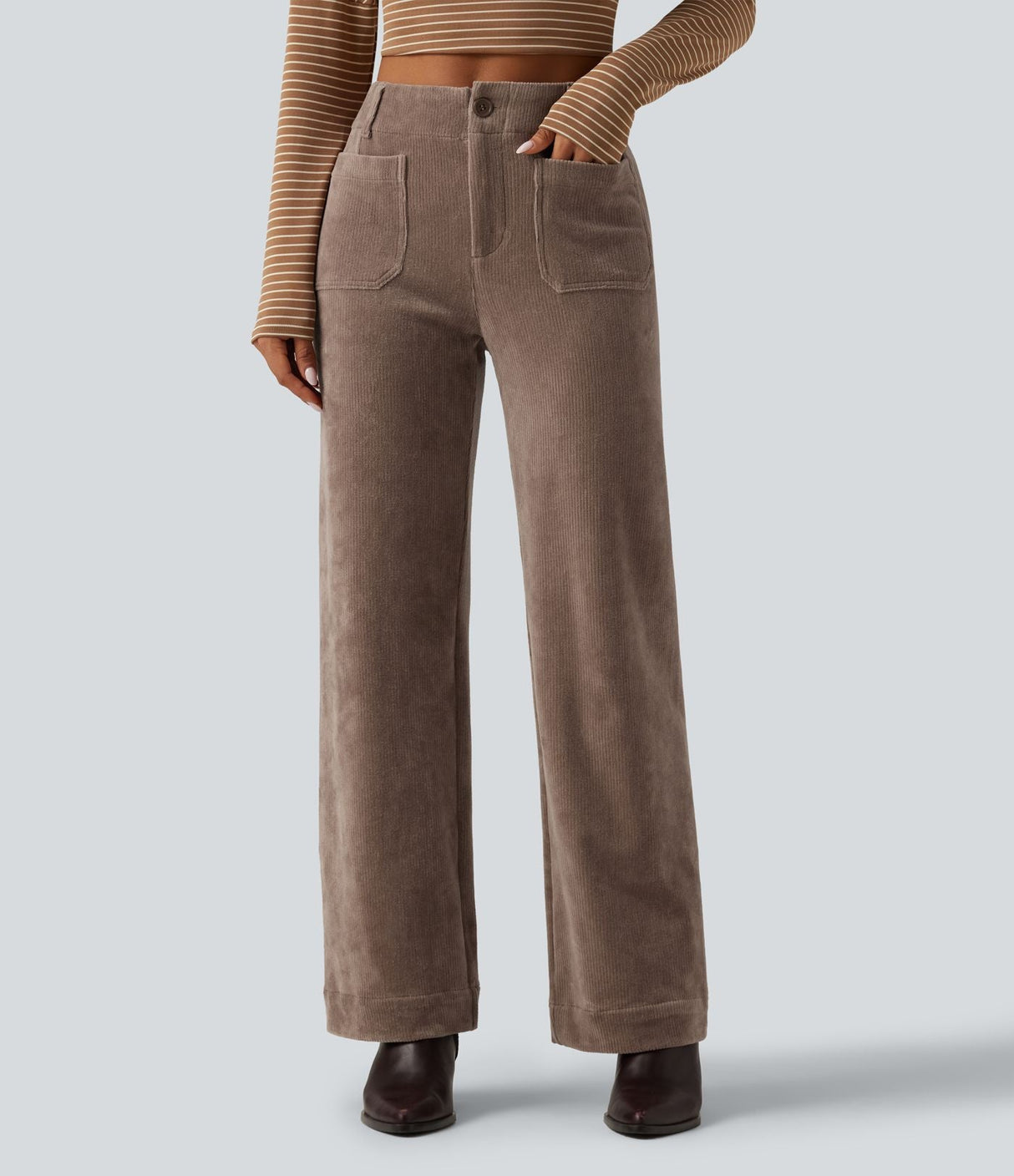 High Waisted Straight Leg Corduroy Pants with Pockets