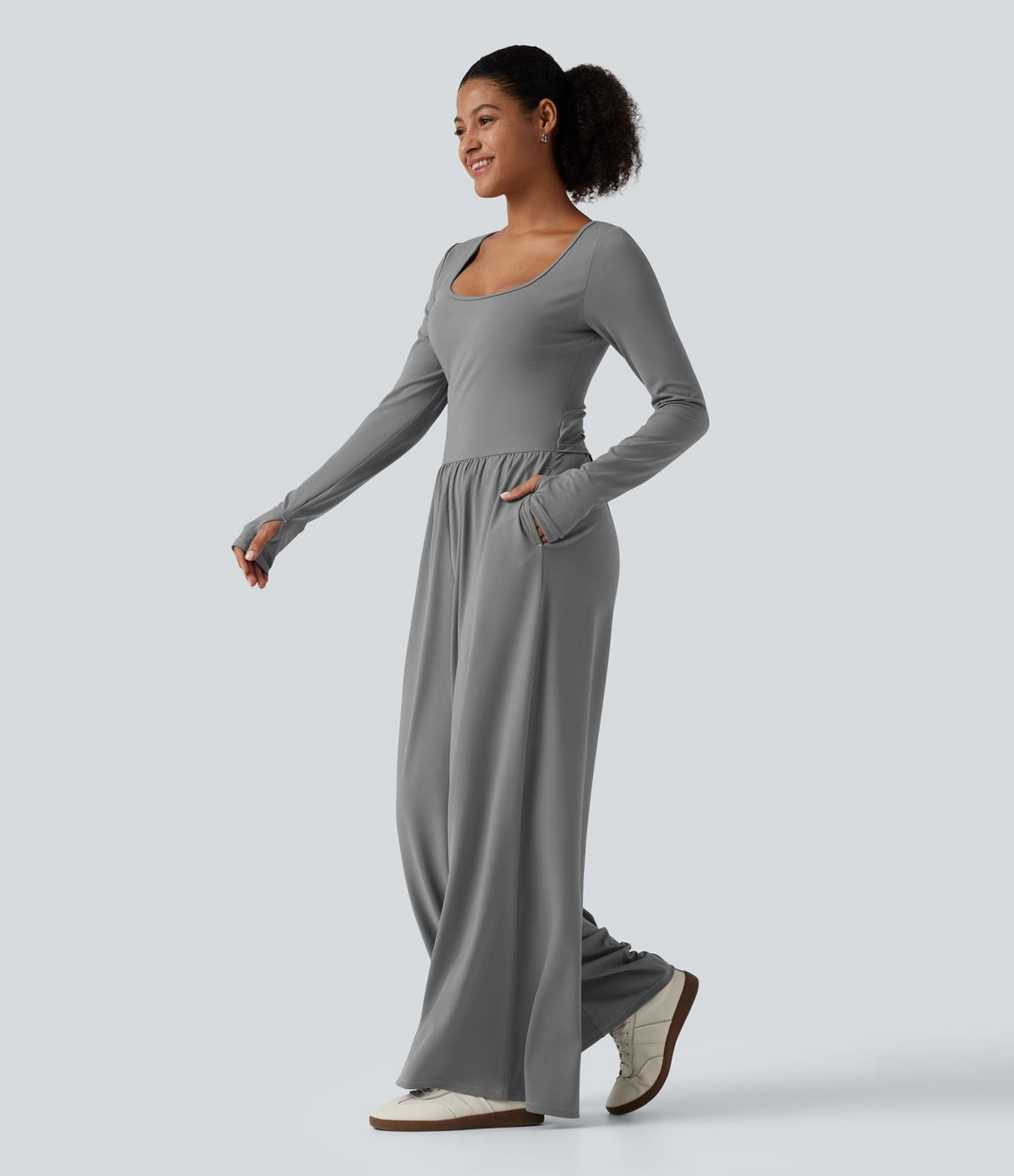 U Neck Long Sleeve Thumb Hole Wide Leg Jumpsuit
