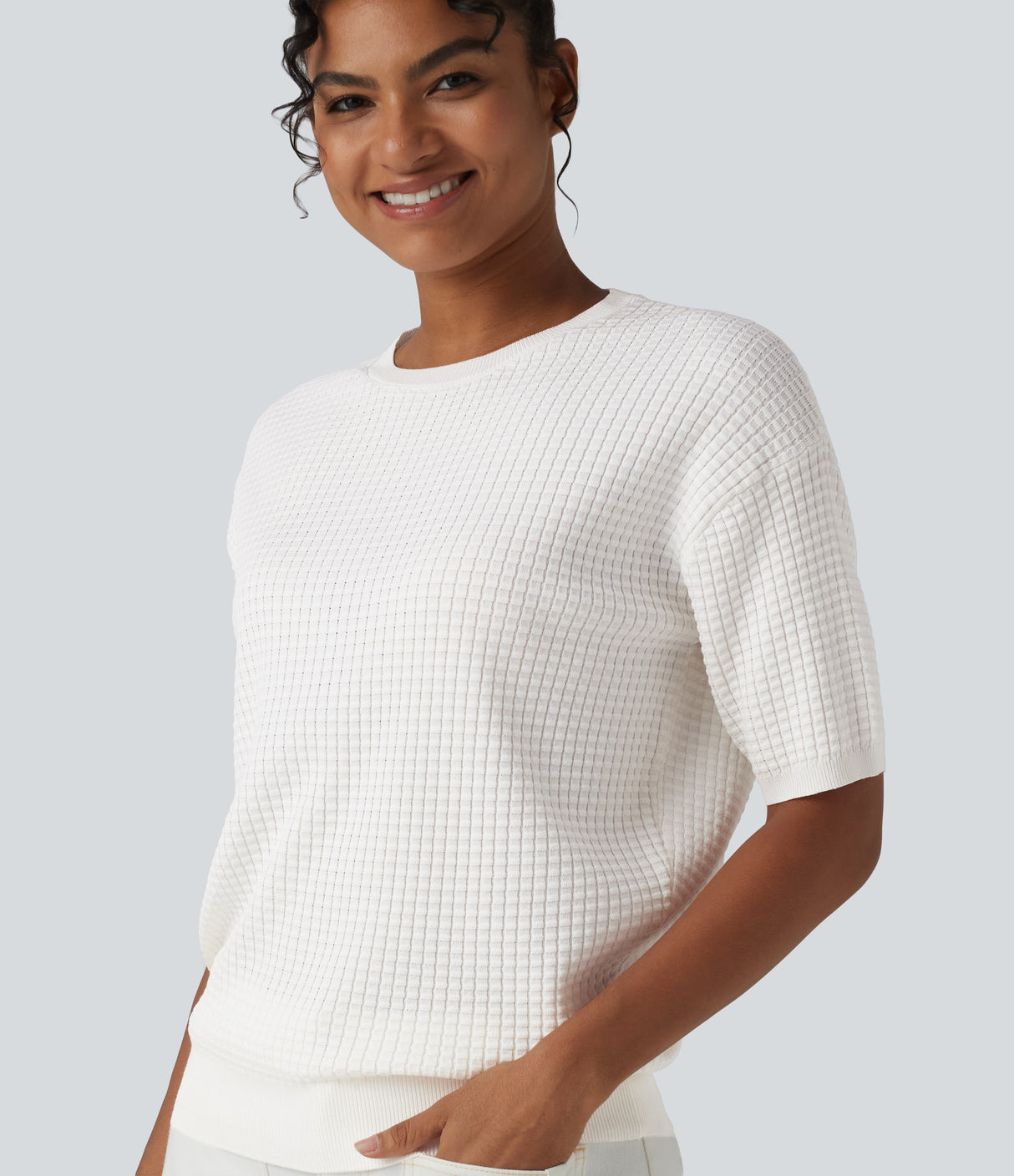 Round Neck Short Sleeve Waffle Casual Sweater
