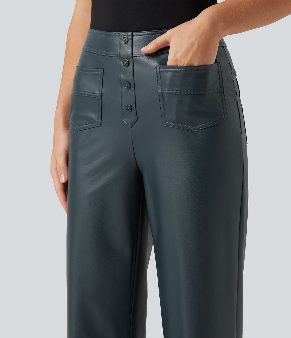 High Waisted PU Fleece Straight Leg Leather Pants