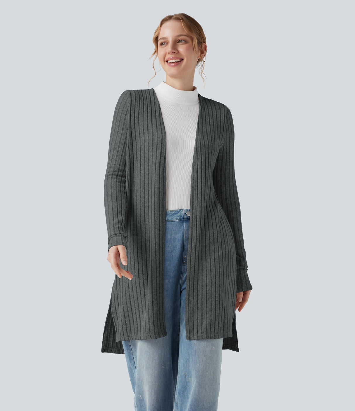 Ribbed Knit Long Sleeve Split Casual Cardigan