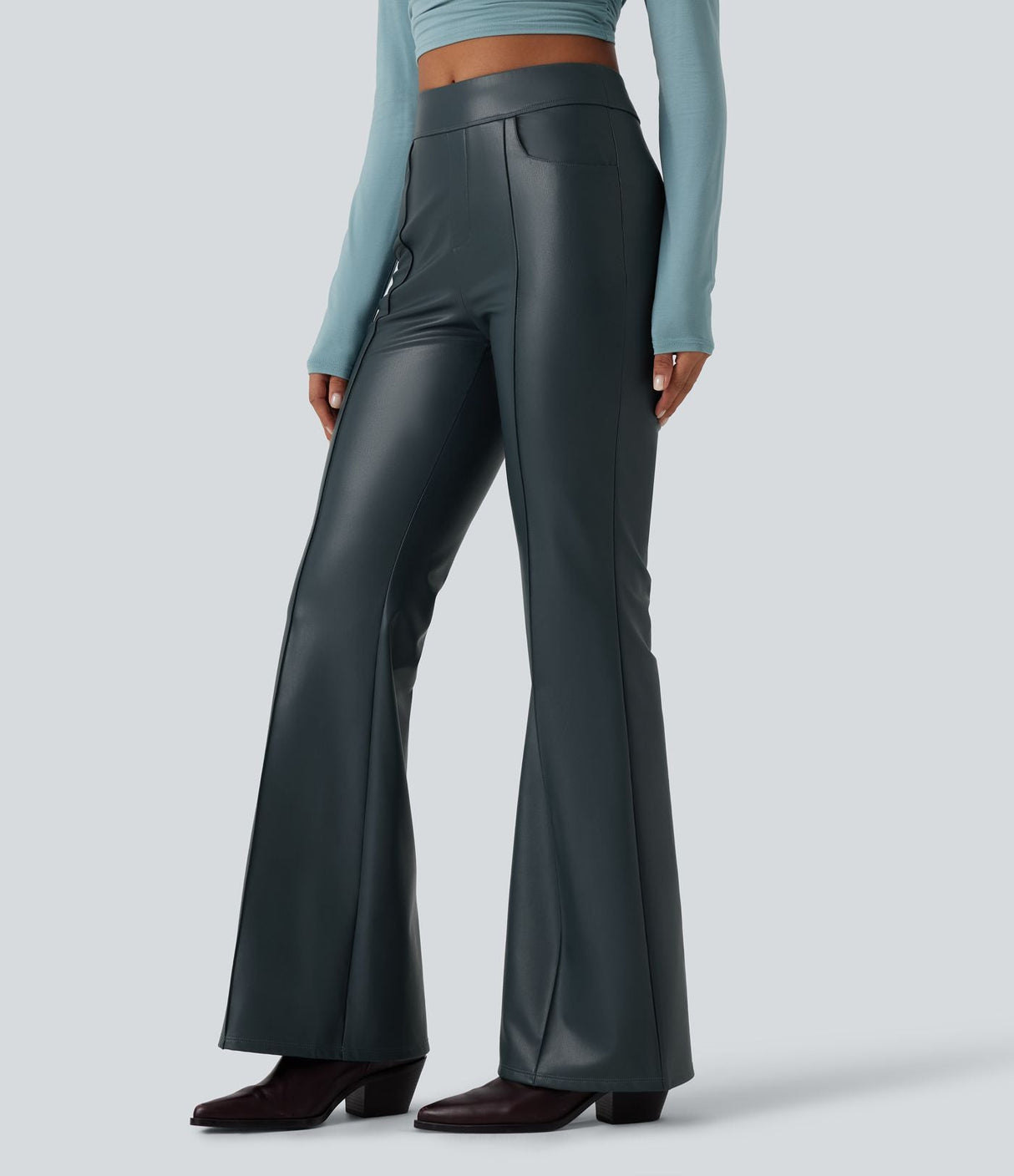 Mid Rise Stretchy PU Fleece Bootcut Pants with Pockets