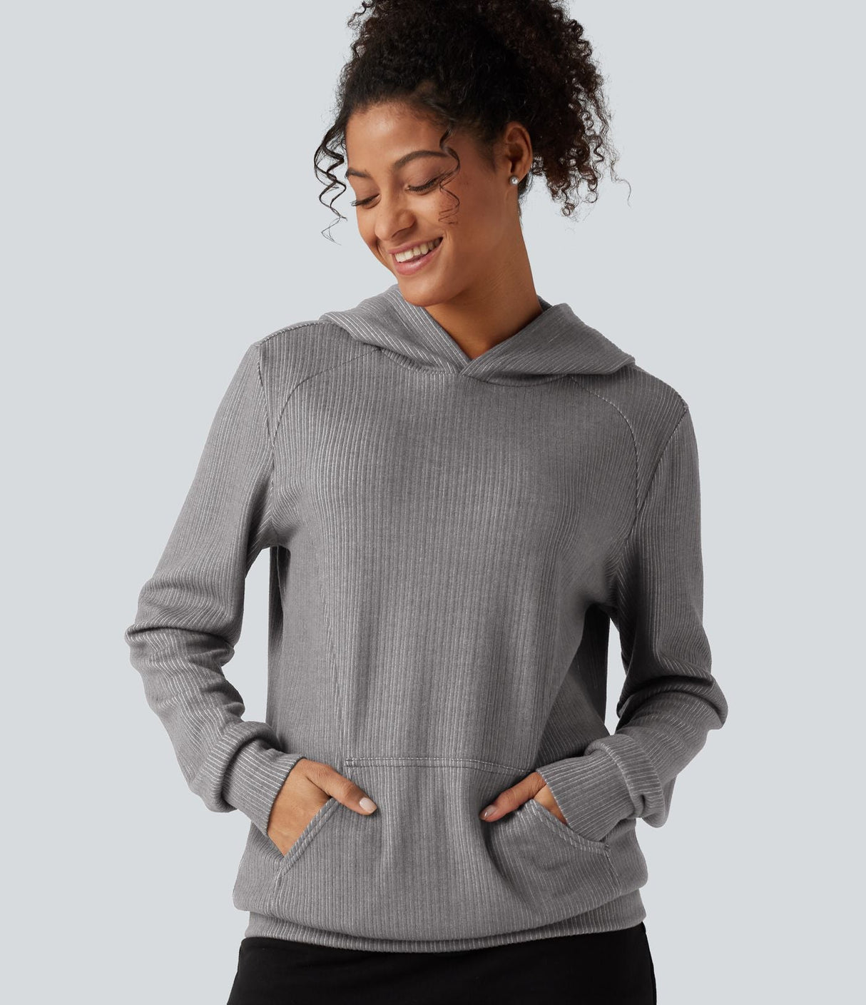 Ribbed Hooded Long Sleeve Casual Sweatshirt with Pocket