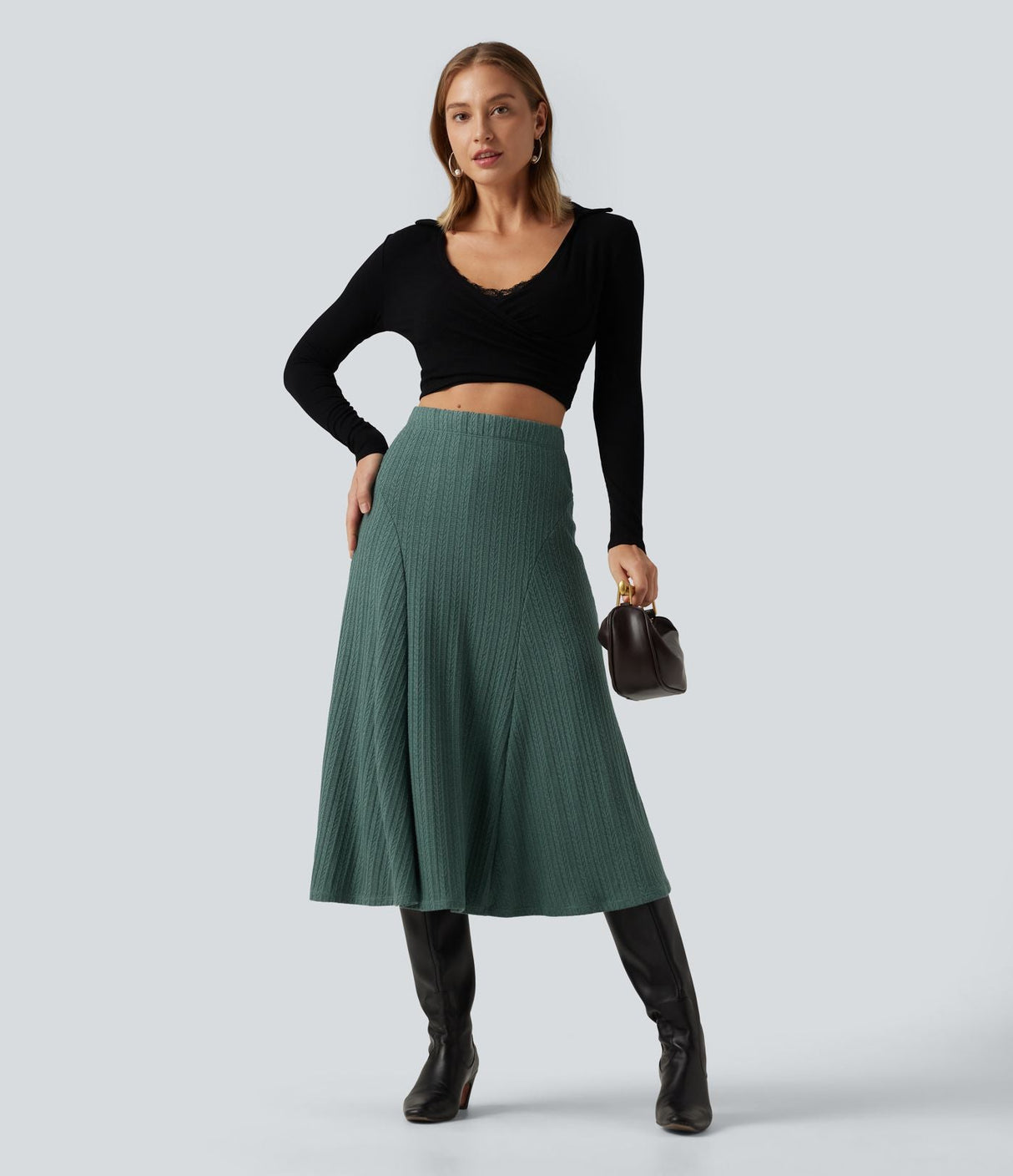 Cable Knit High Waisted A Line Party Midi Skirt