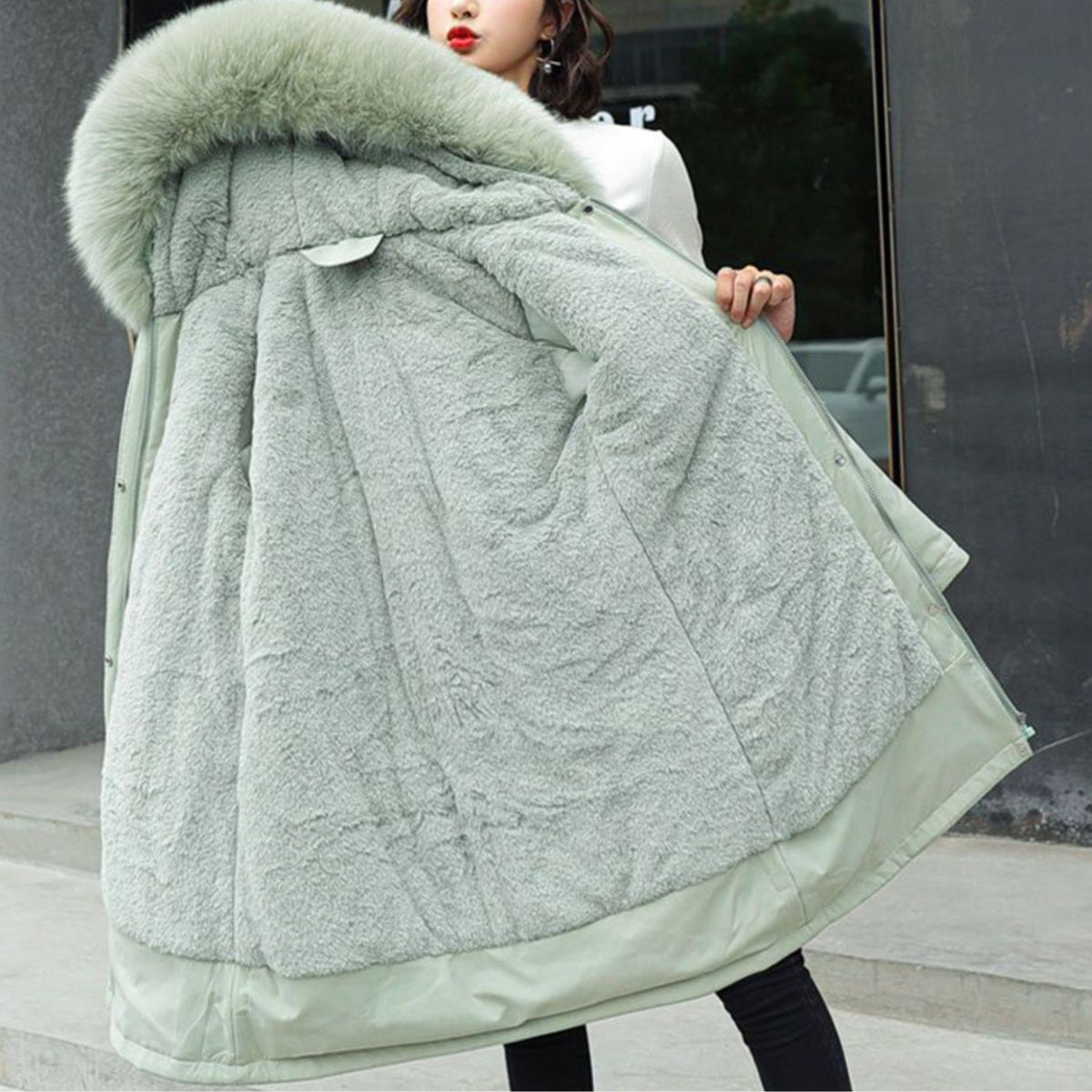 Fur-Trim Button-Front Hooded Coat