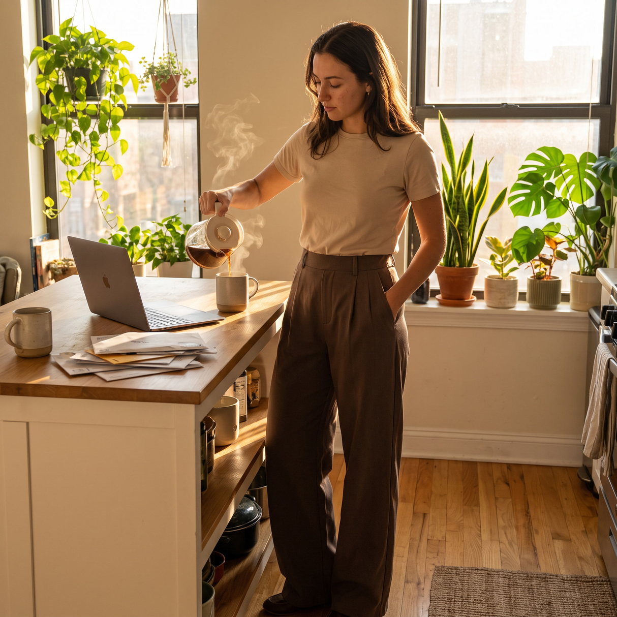 High Waisted Wide Leg Work Pants with Pockets - at home kitchen