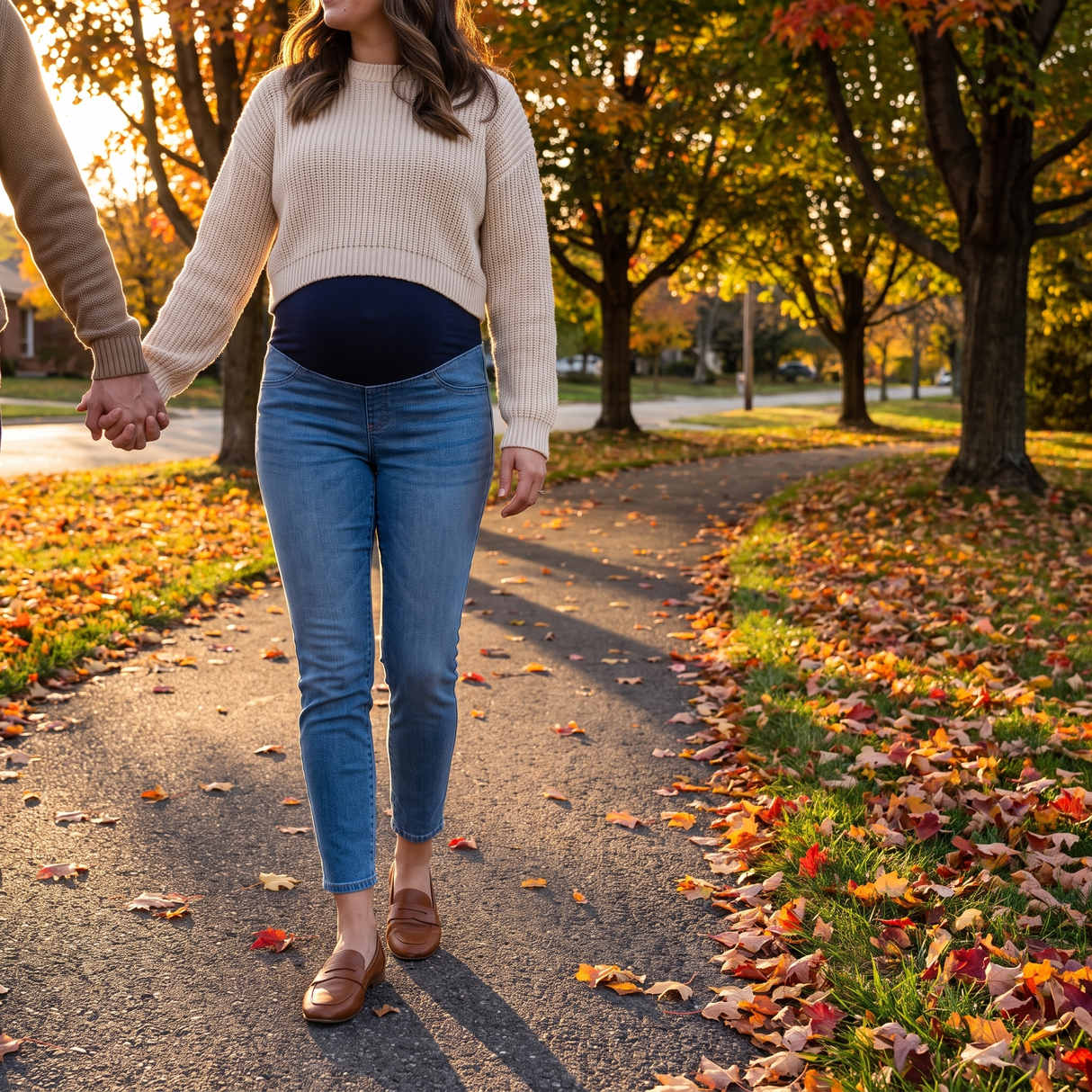 Super High Waisted Skinny 7/8 Maternity Jeans with Pockets - autumn park walk