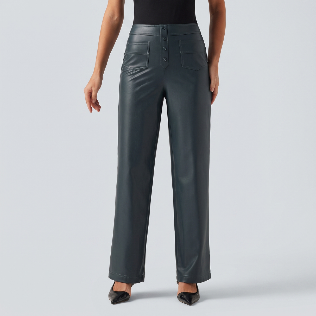 High Waisted PU Fleece Straight Leg Leather Pants - studio hero