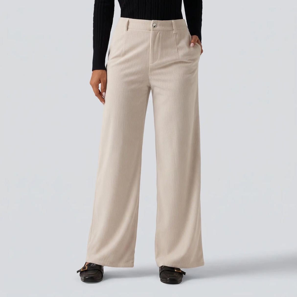 Mid Rise Wide Leg Corduroy Casual Pants with Pockets