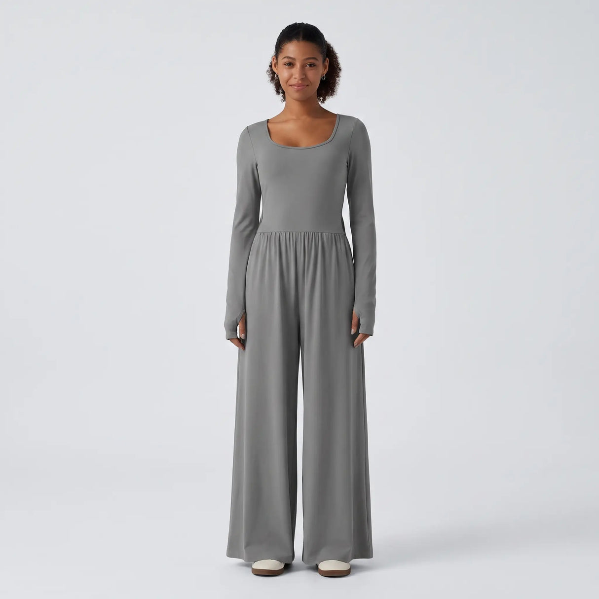 U Neck Long Sleeve Thumb Hole Wide Leg Jumpsuit