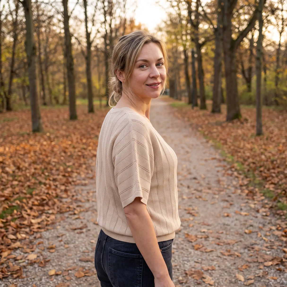 V Neck Short Sleeve Knit Jumper - autumn park path