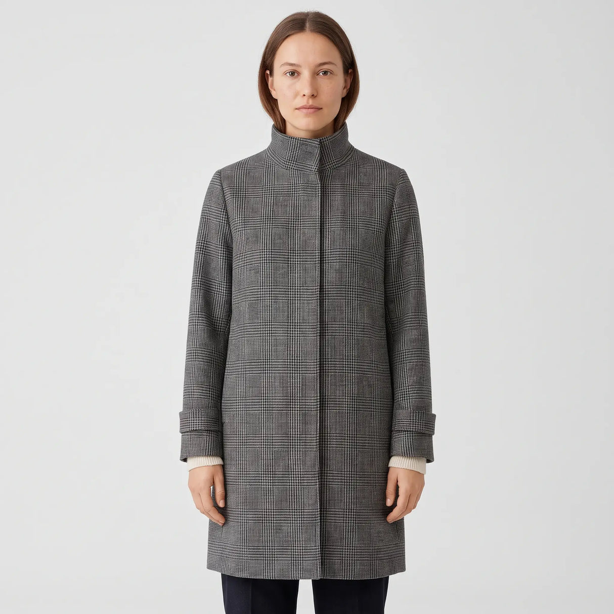 Women's Stand-Collar Coat - Checked - studio hero
