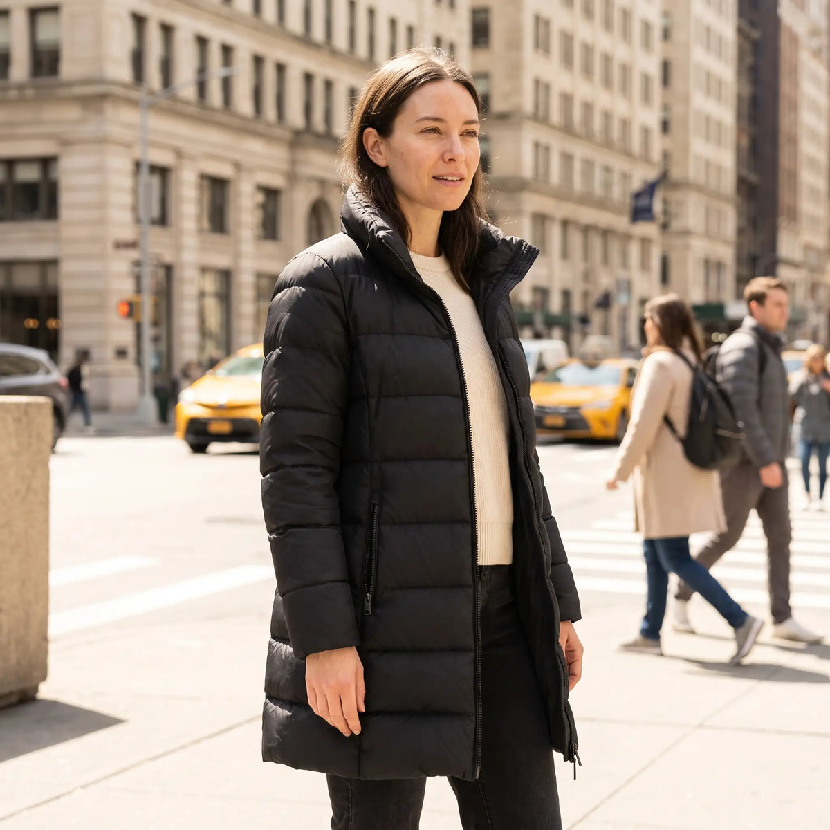 Women's Premium Down Coat - Black - sunlit city street
