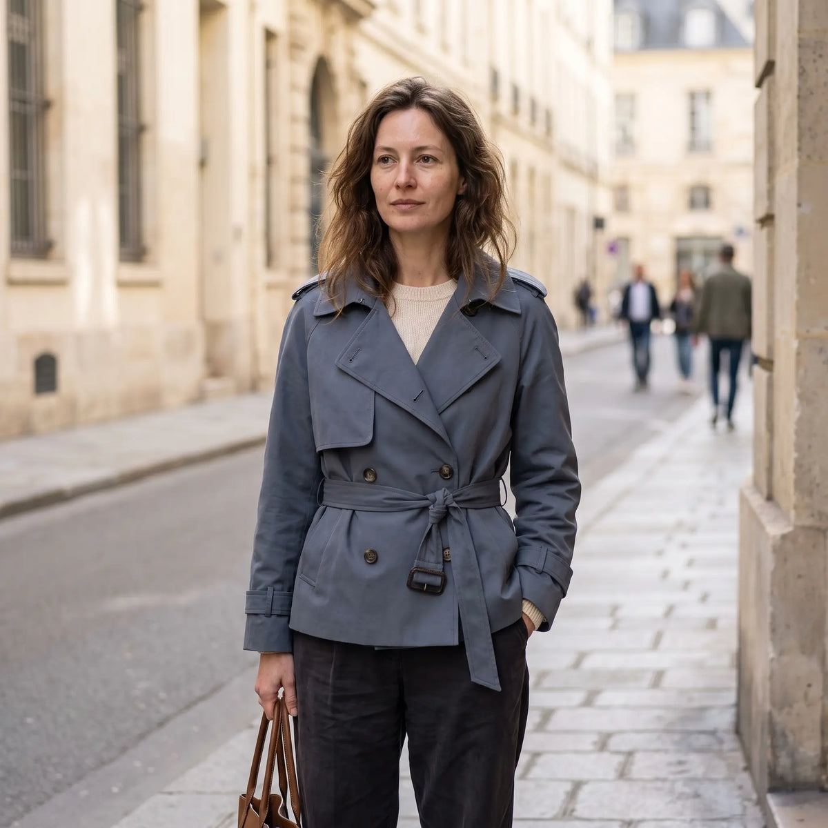 Women's Double-Breasted Short Trench Coat - Blue - sunlit city street