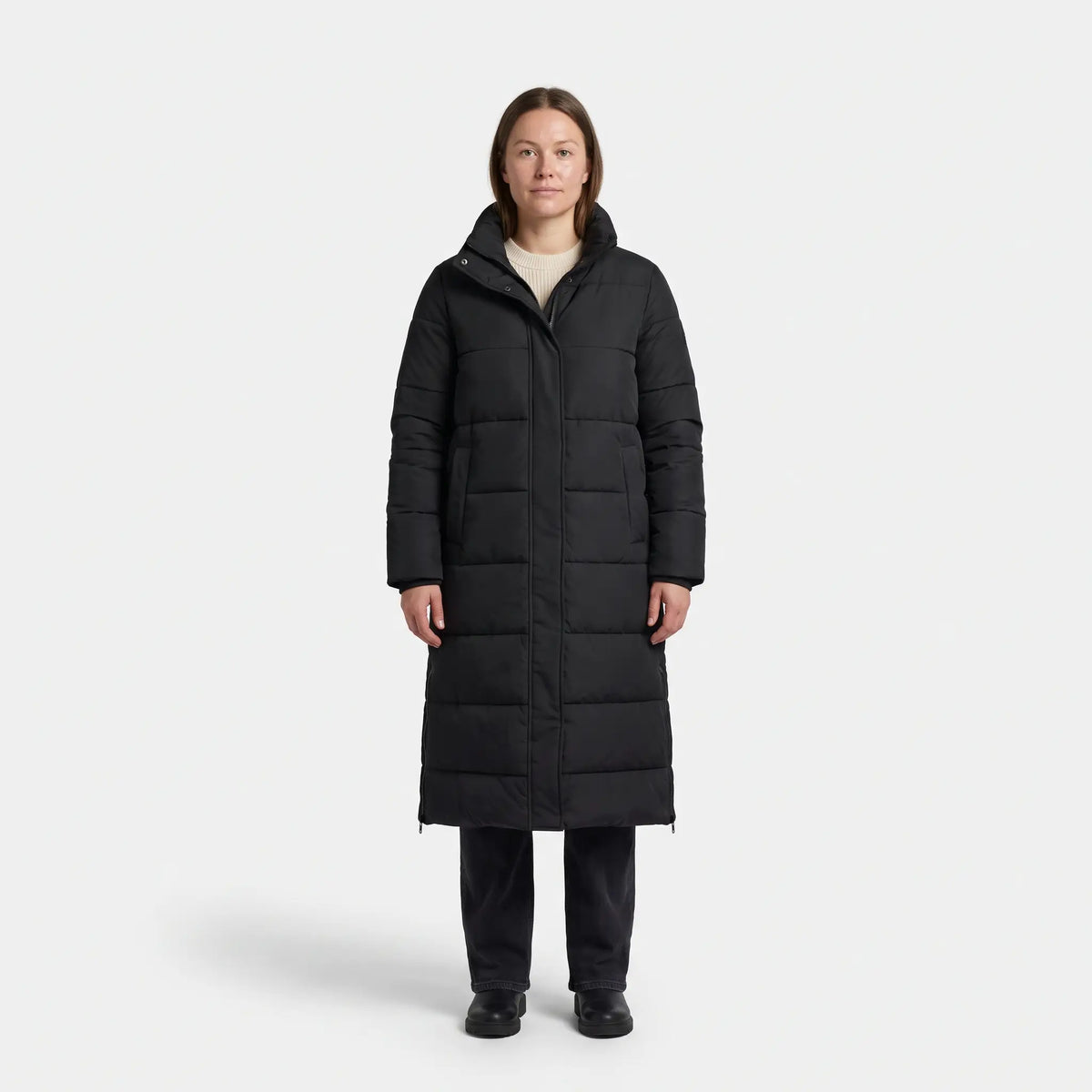 Women's Padded Coat with Side Zips - Black - studio hero