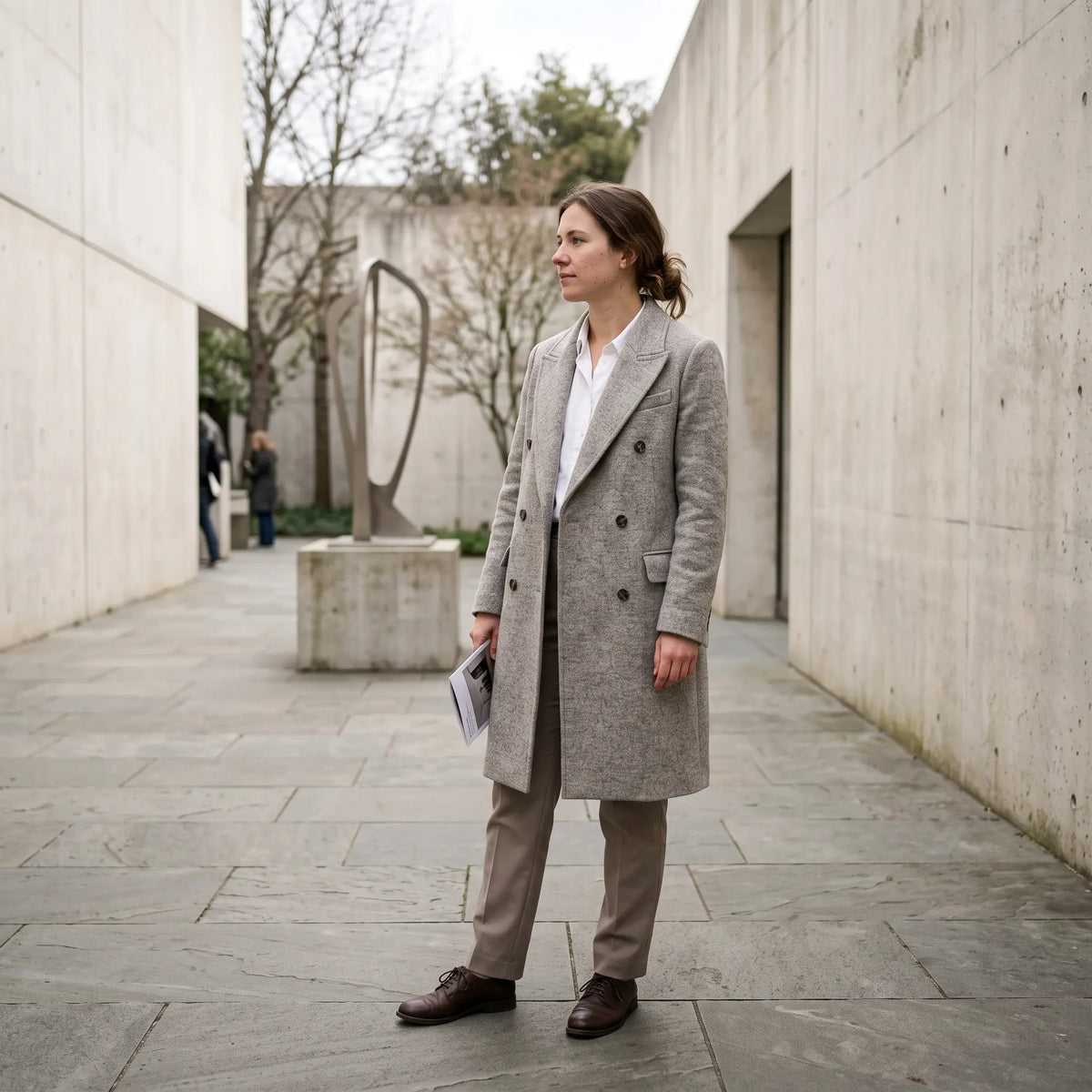 Women's Double-Breasted Coat - Grey Marl - gallery courtyard