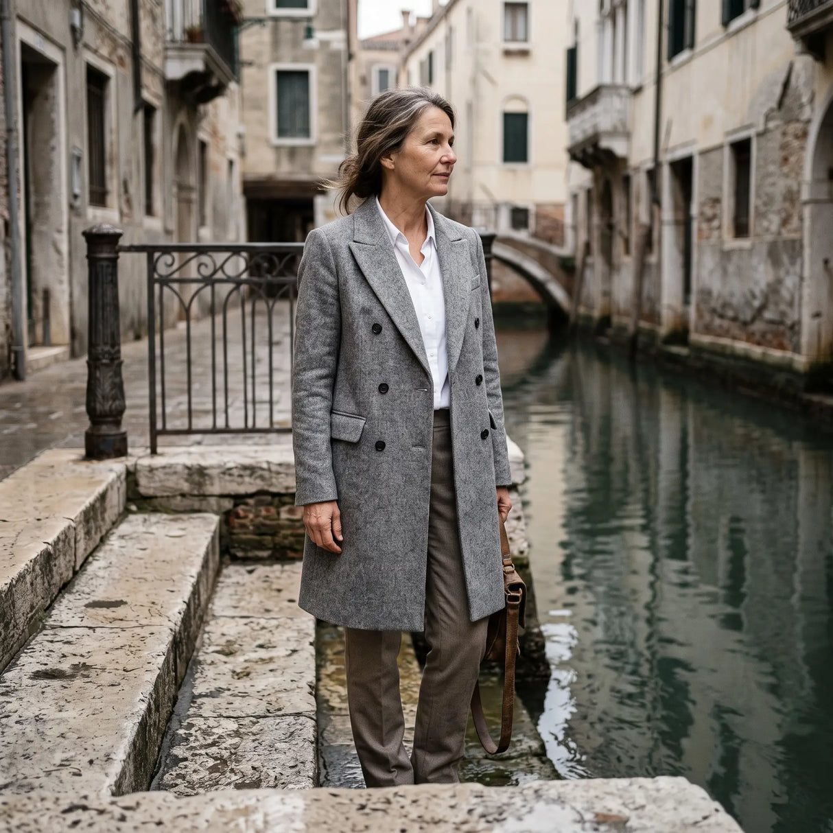 Women's Double-Breasted Coat - Grey Marl - canal steps