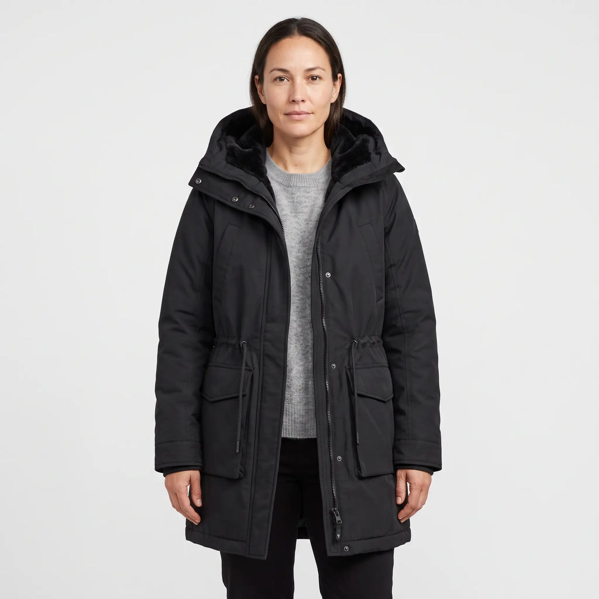 Women's Warm-Lined Long Parka - Black - studio hero