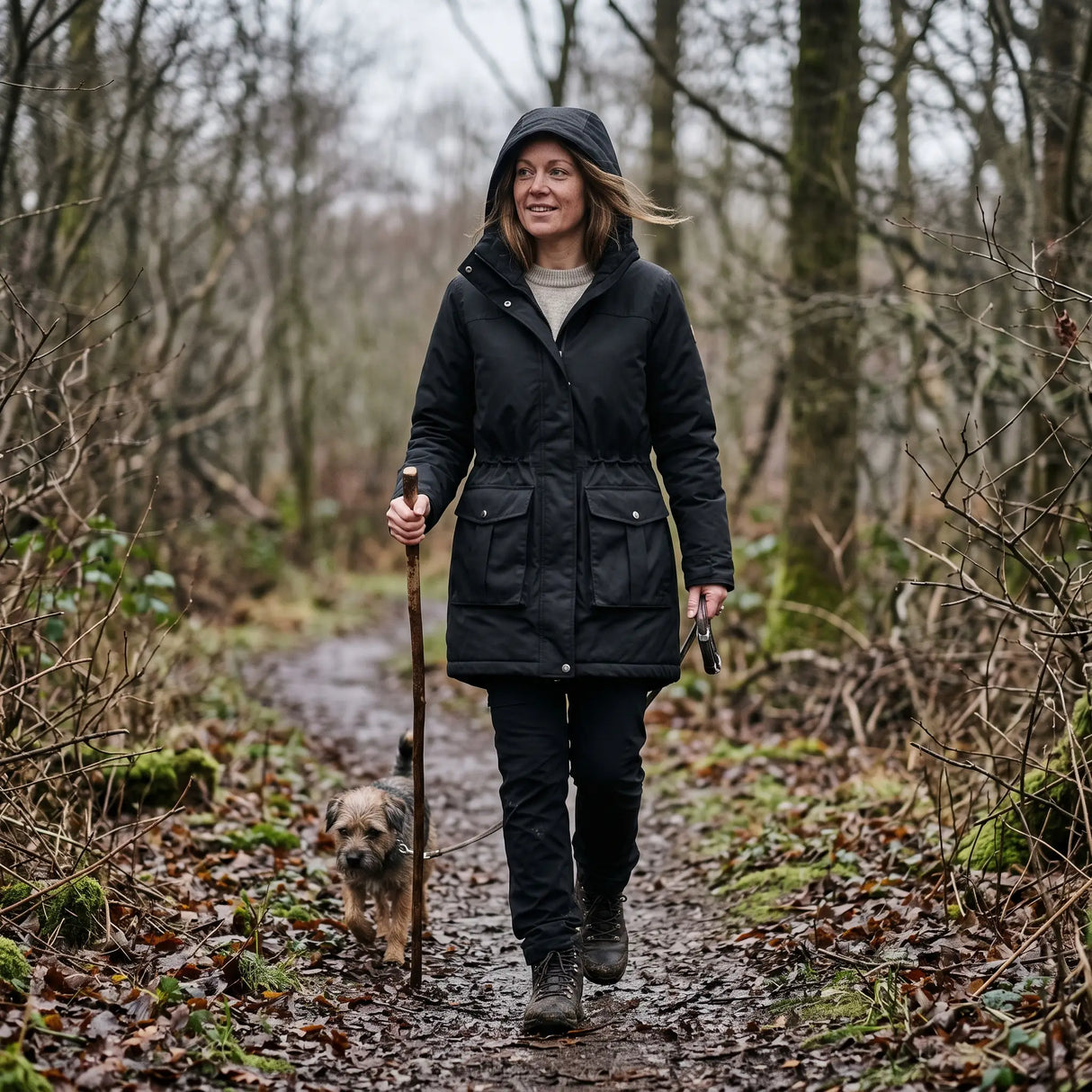 Women's Warm-Lined Long Parka - Black - woodland trail