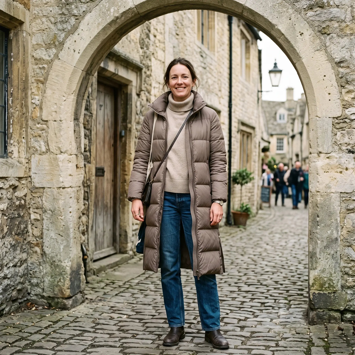 Women's Padded Coat with Side Zips - Dark Beige - pale stone archway