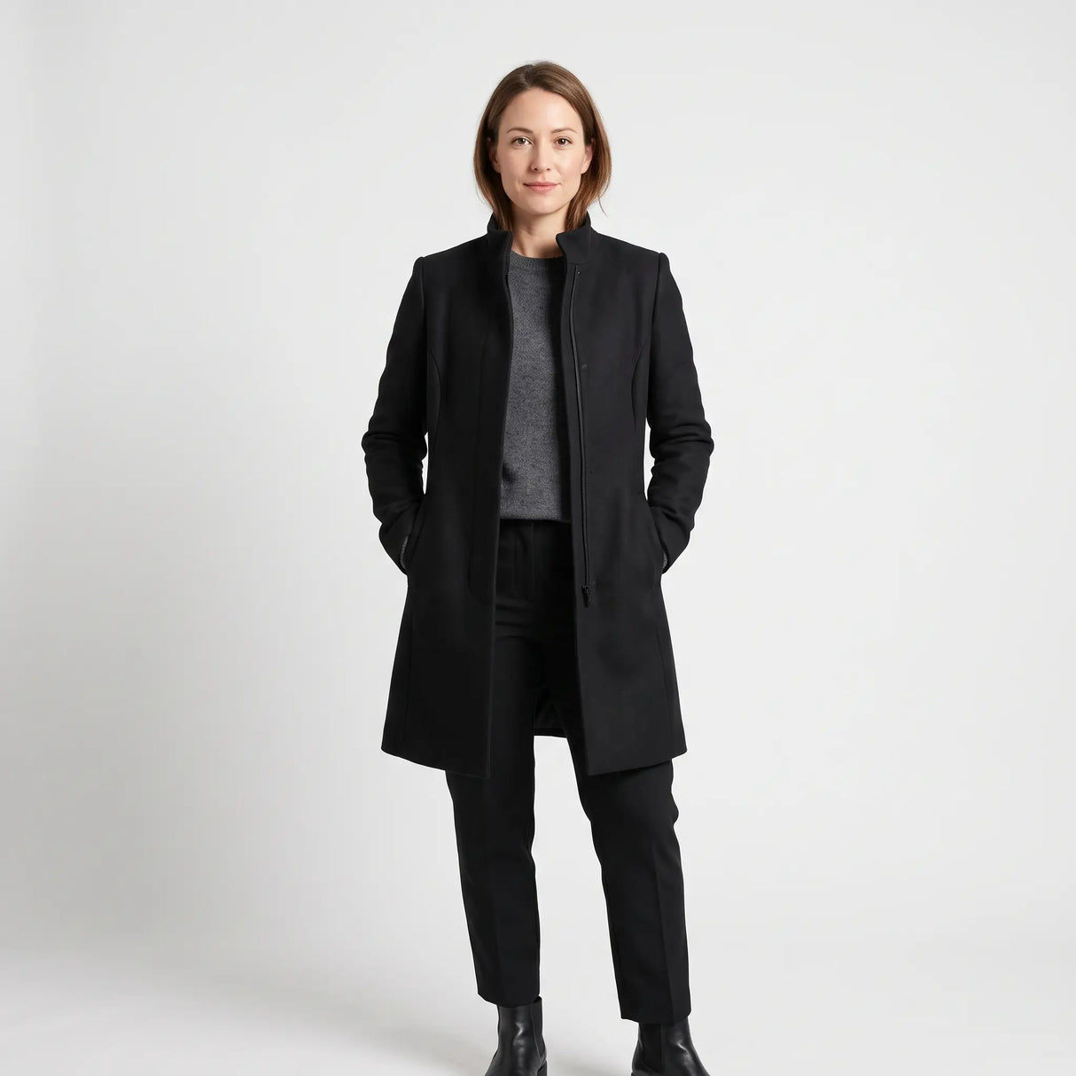 Women's Stand-Collar Coat - Black - studio hero