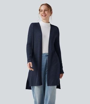 Ribbed Knit Long Sleeve Split Casual Cardigan