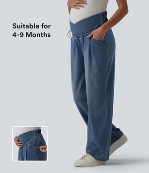 Crossover High Waisted Maternity Baggy Jeans with Pockets