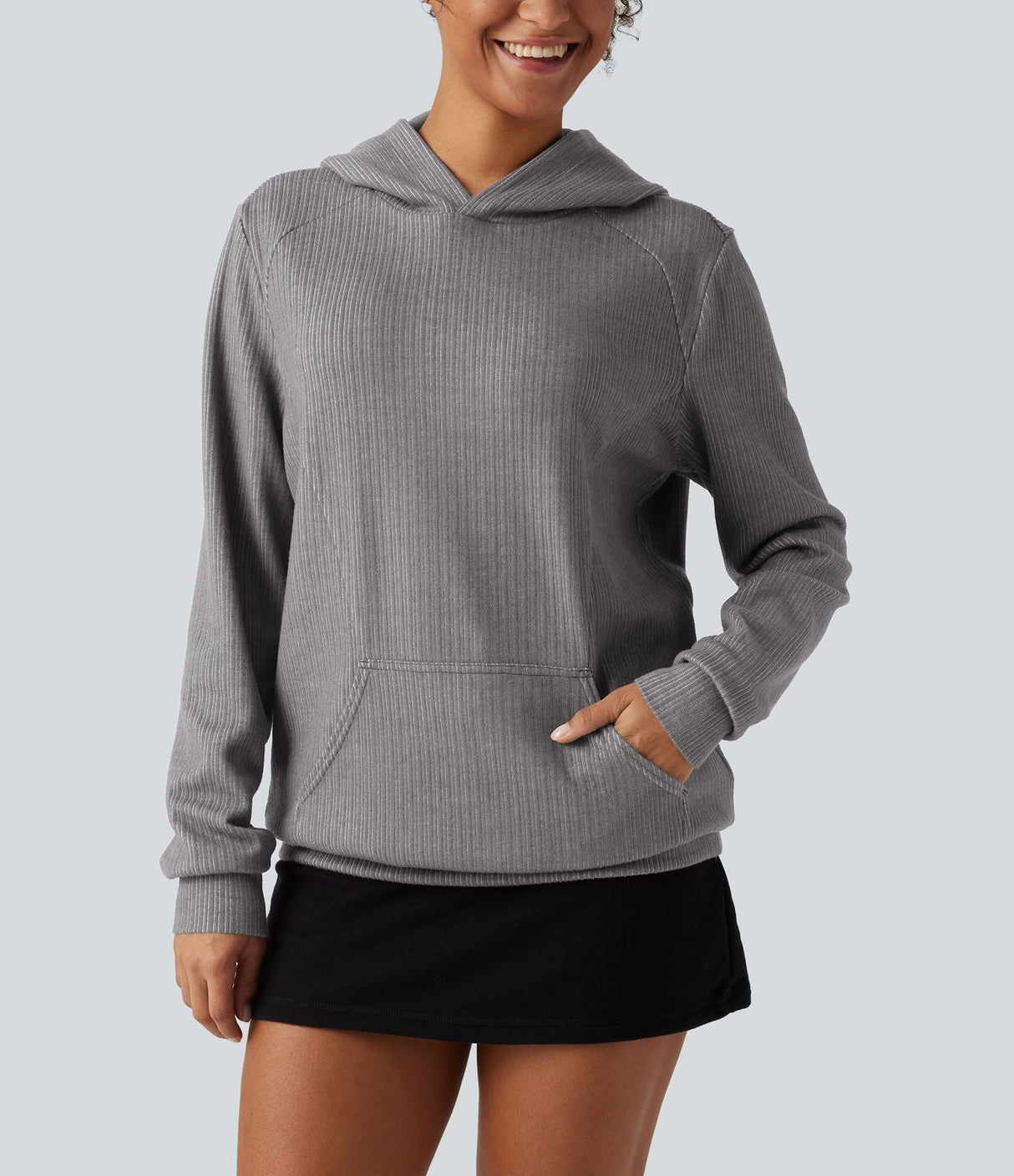 Ribbed Hooded Long Sleeve Casual Sweatshirt with Pocket