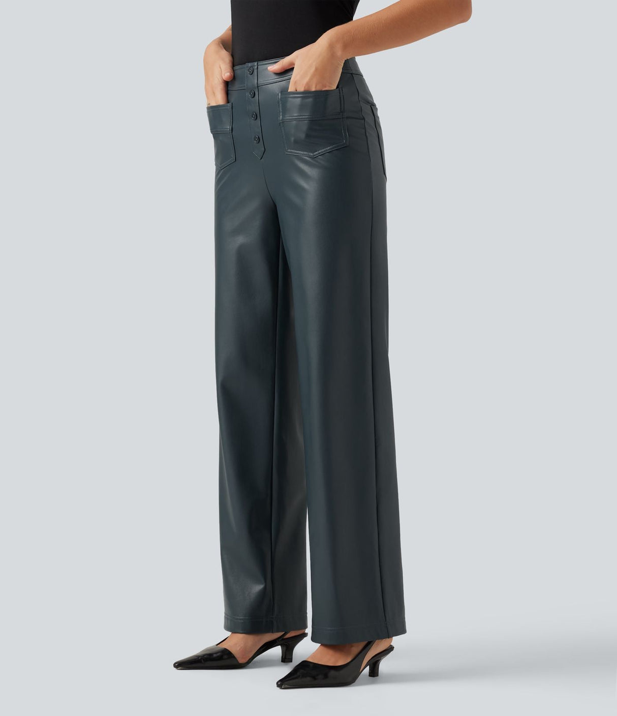 High Waisted PU Fleece Straight Leg Leather Pants