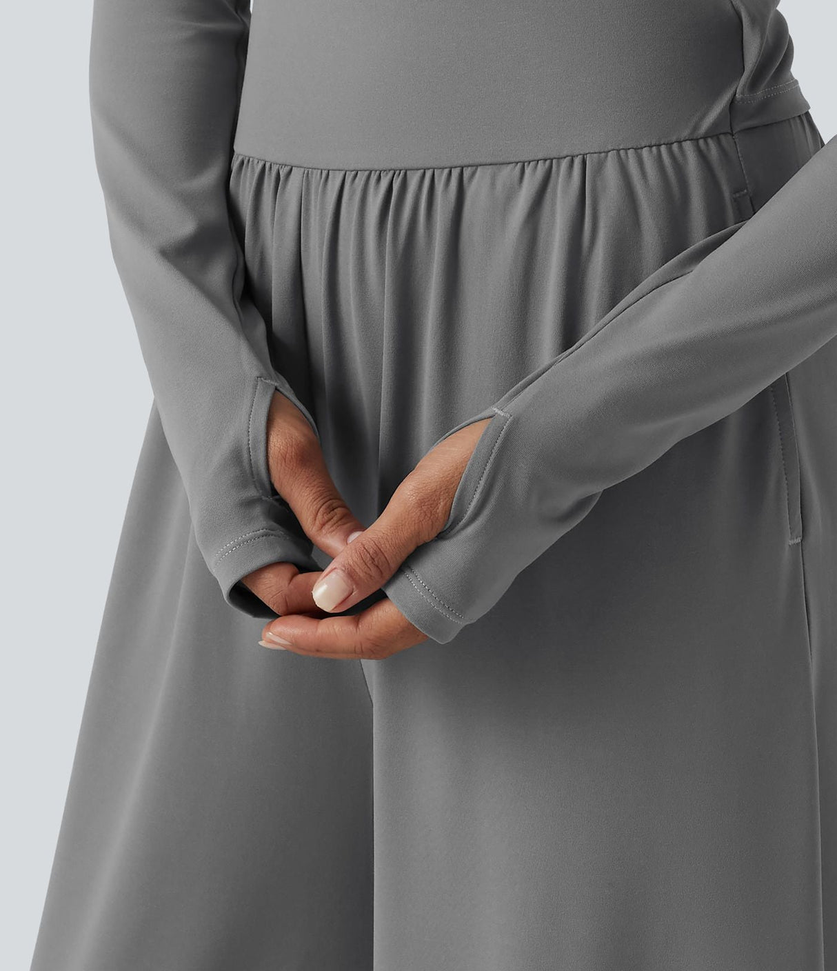 U Neck Long Sleeve Thumb Hole Wide Leg Jumpsuit