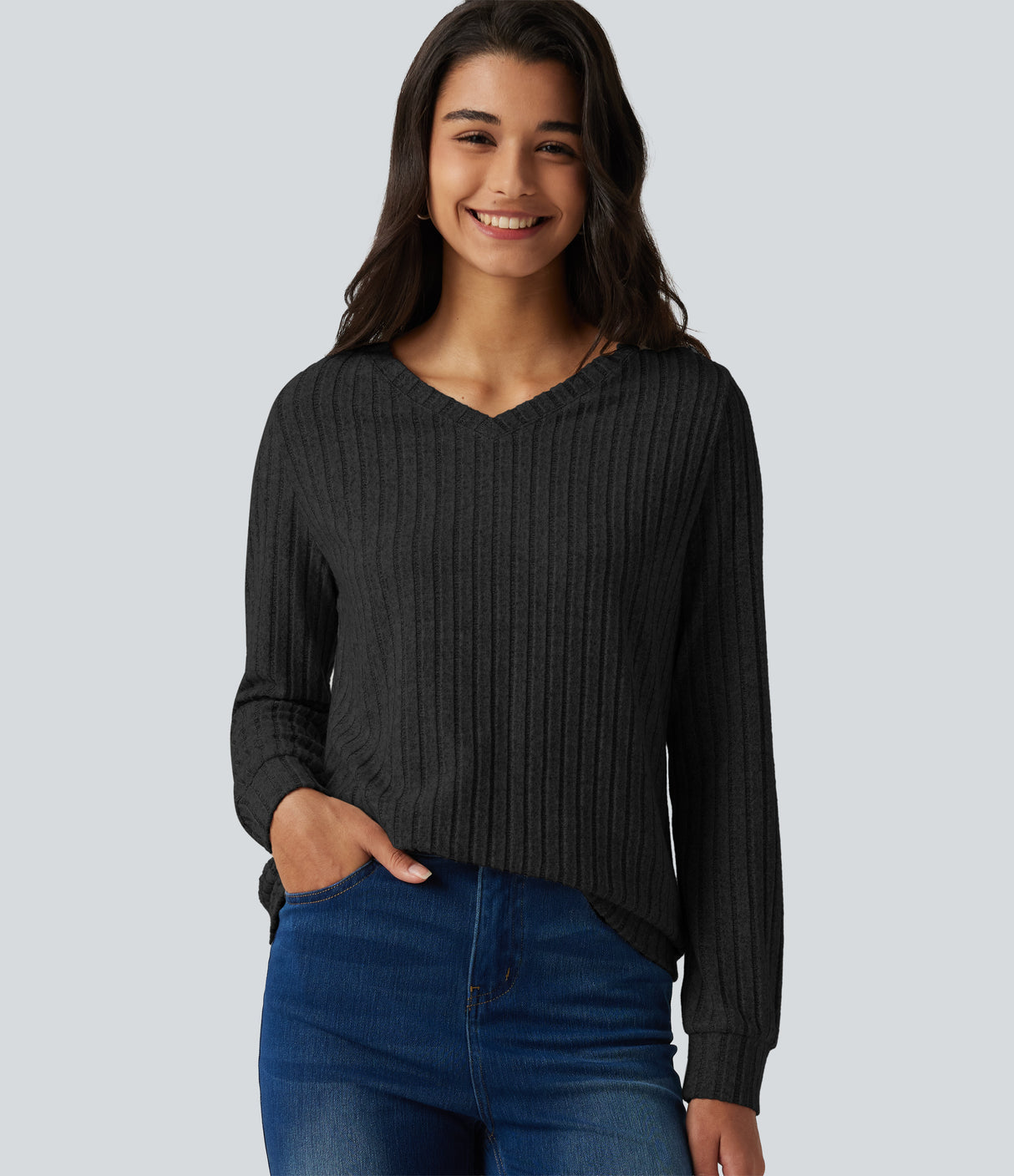 Ribbed Knit V Neck Tee