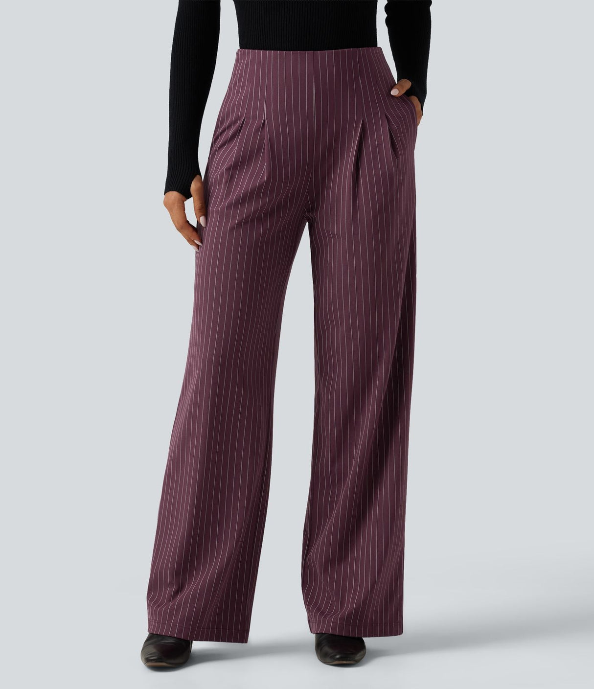 High Waisted Wide Leg Stripe Work Pants with Pockets