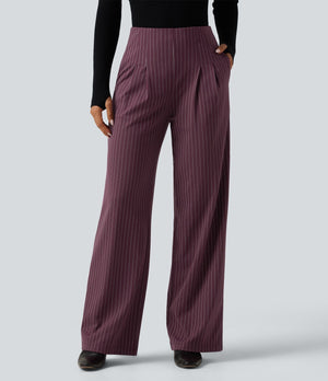 High Waisted Wide Leg Stripe Work Pants with Pockets