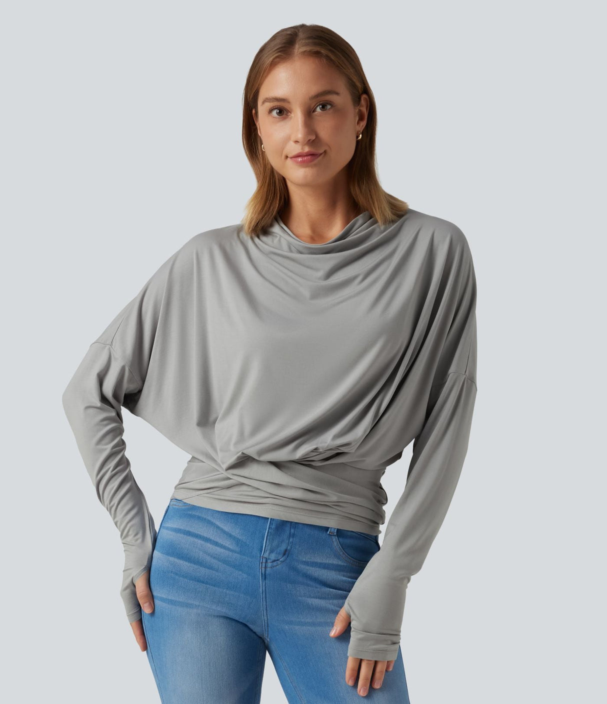 Cowl Neck Long Sleeve Thumb Hole Casual Top