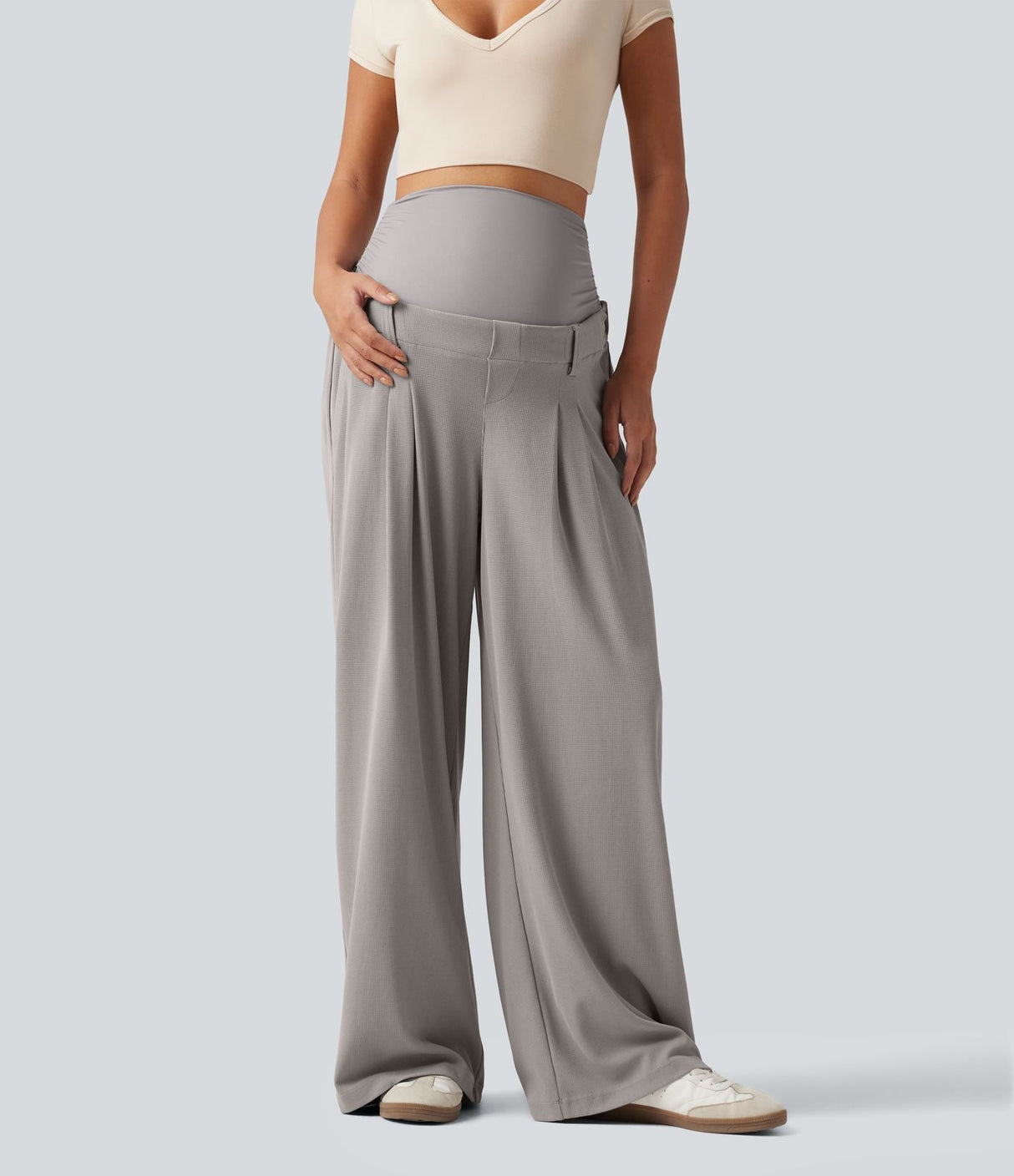 Super High Waisted Wide Leg Waffle Maternity Work Pants
