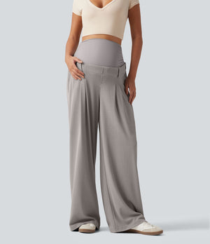 Super High Waisted Wide Leg Waffle Maternity Work Pants