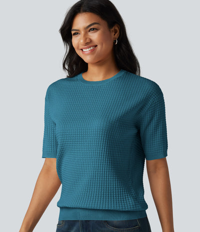 Round Neck Short Sleeve Waffle Casual Sweater