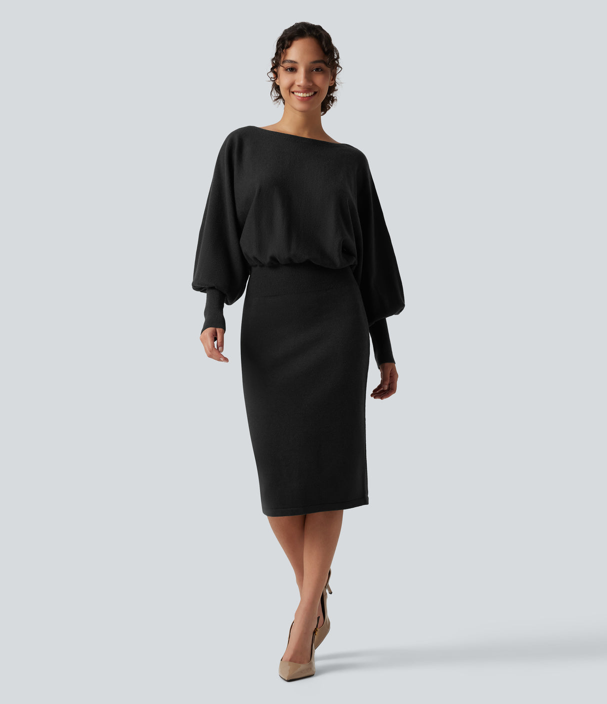 Boat Neck Puff Long Sleeve Work Sweater Dress