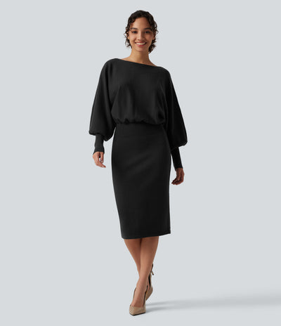 Boat Neck Puff Long Sleeve Work Sweater Dress