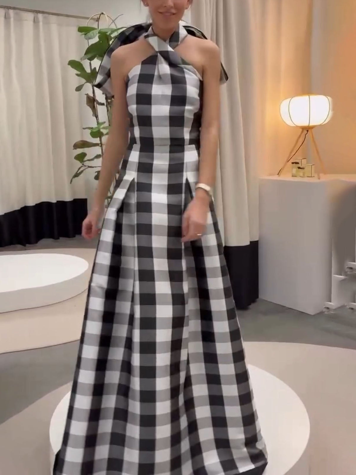 Plaid Halter Maxi Dress