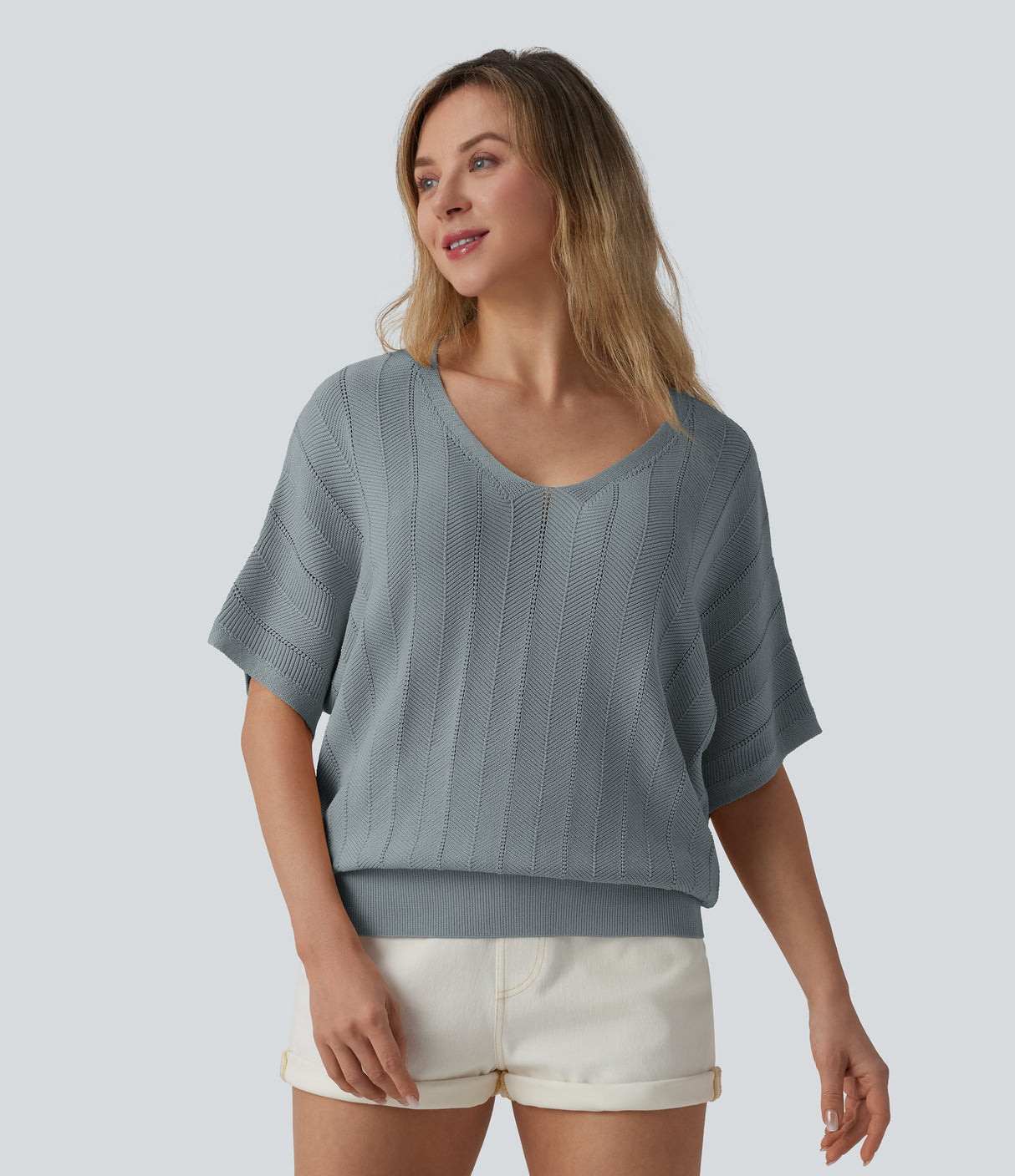 V Neck Short Sleeve Casual Sweater