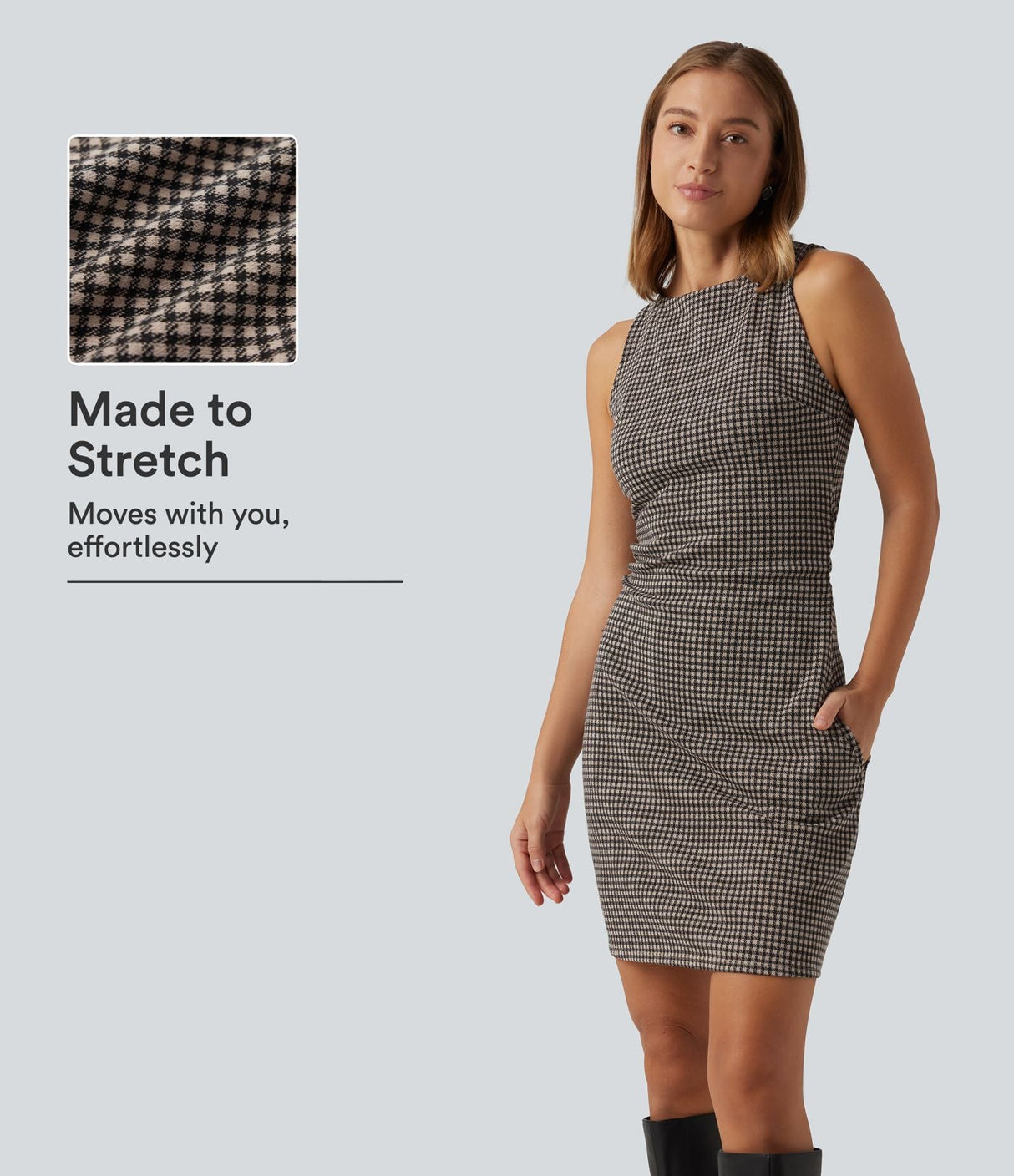 Boat Neck Sleeveless Gingham Casual Mini Dress with Pockets