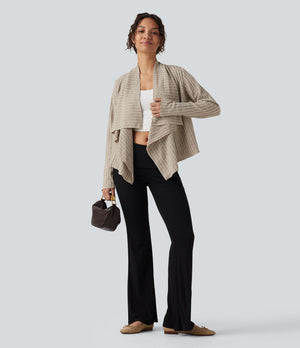 Ribbed Knit Collared Open Front Long Sleeve Casual Cardigan