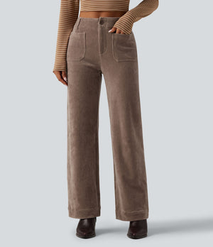 High Waisted Straight Leg Corduroy Pants with Pockets