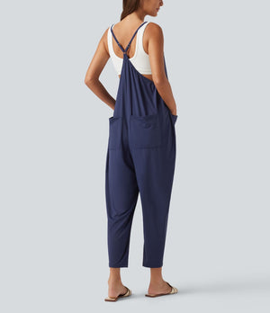 Square Neck Tapered Casual Maternity Jumpsuit with Pockets