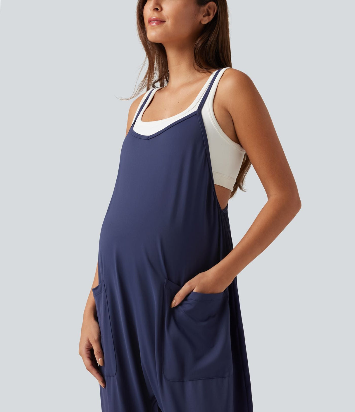 Square Neck Tapered Casual Maternity Jumpsuit with Pockets
