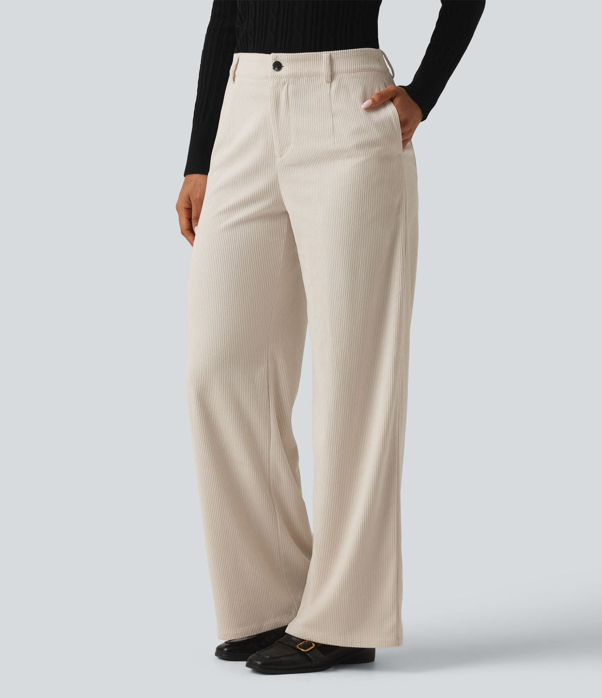 Mid Rise Wide Leg Corduroy Casual Pants with Pockets